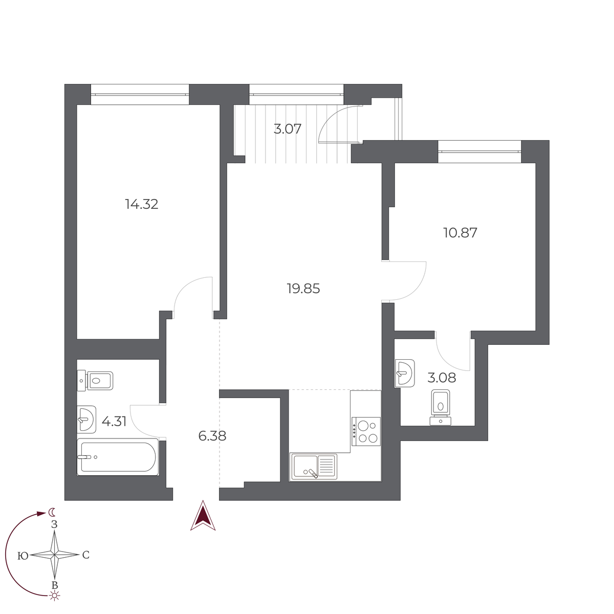 2-комнатная, 62.4 м², № 486 в Оскар