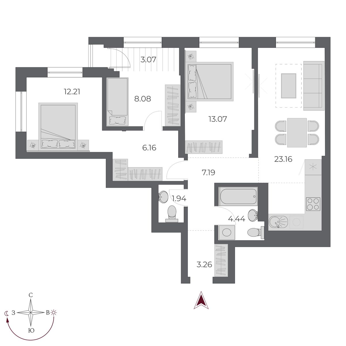 3-комнатная, 82 м², № 477 в Оскар