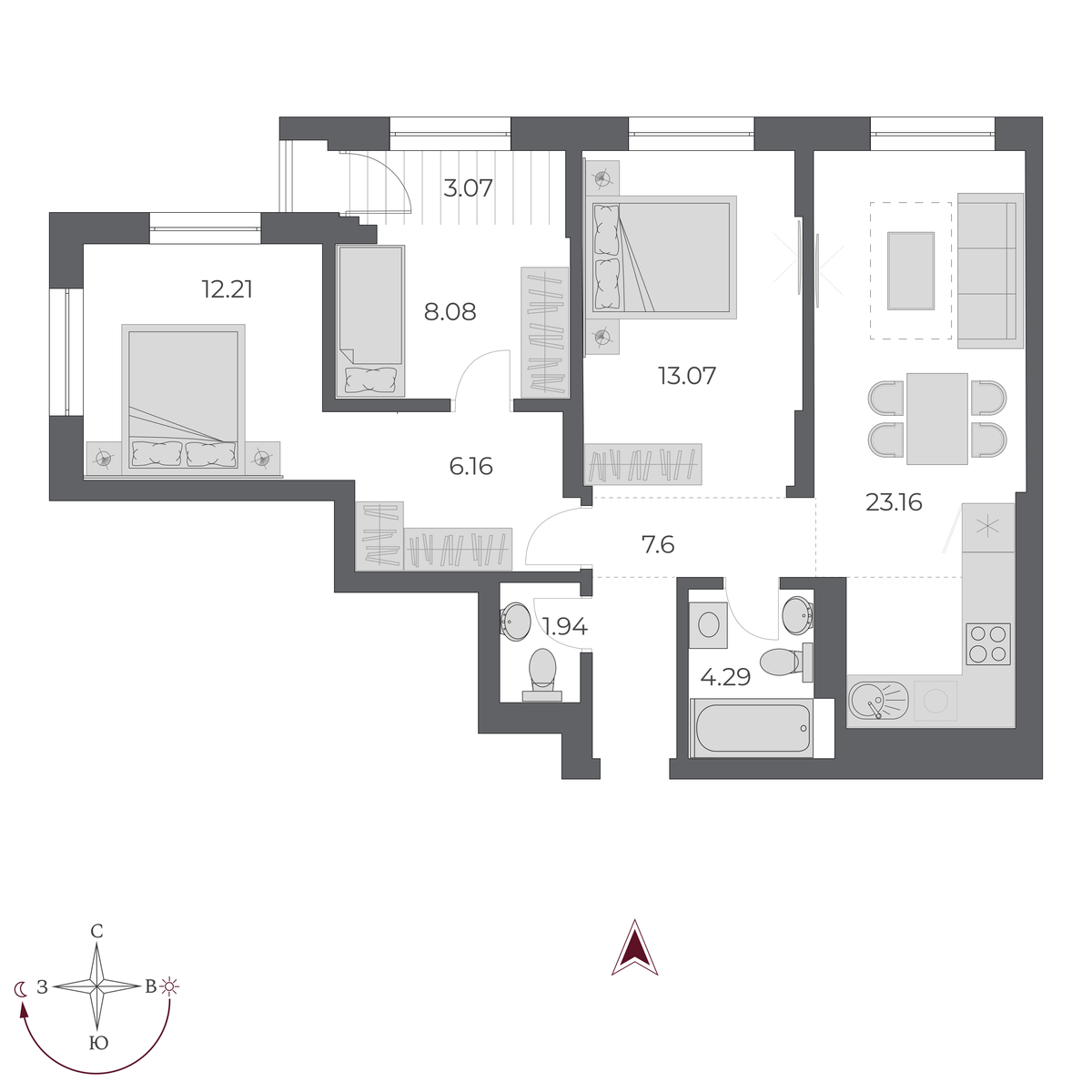 3-комнатная, 79 м², № 407 в Оскар