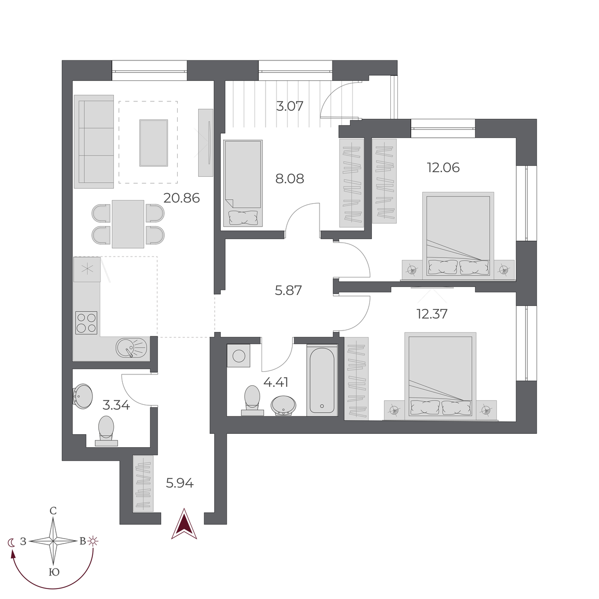 3-комнатная, 74.6 м², № 498 в Оскар