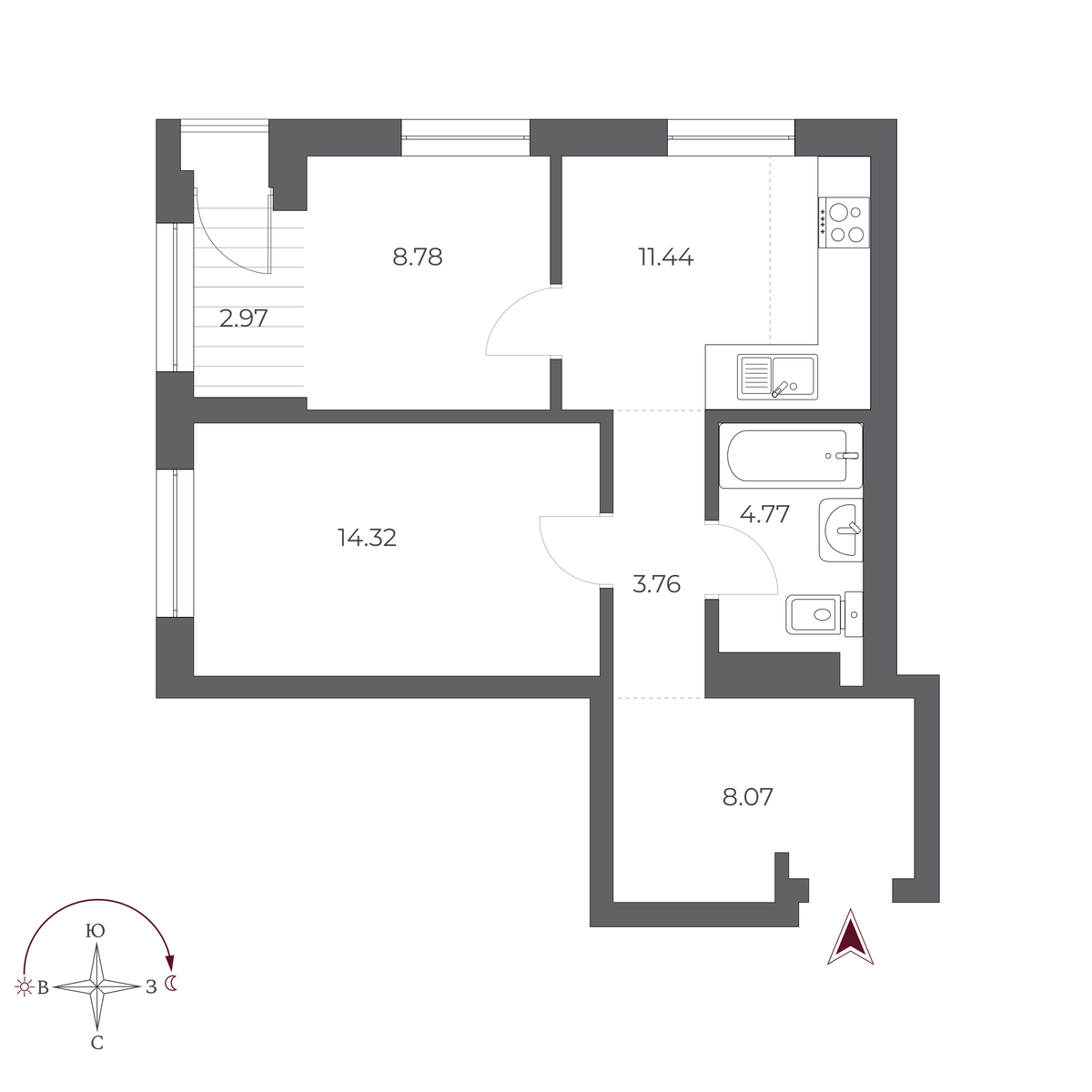 2-комнатная, 54.7 м², № 491 в Оскар