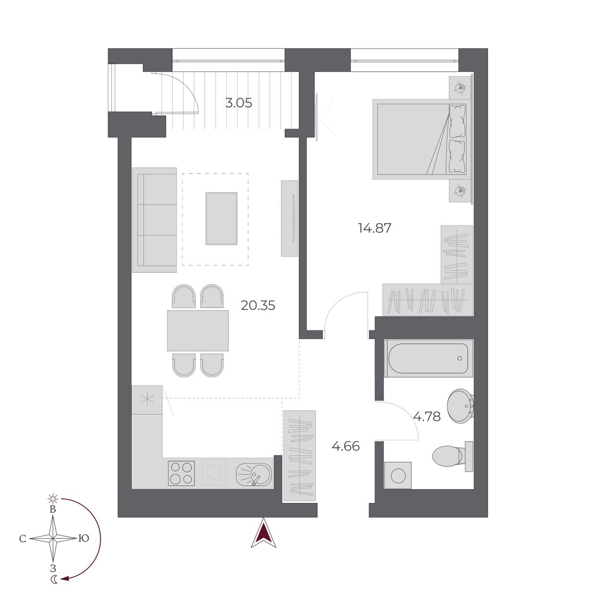 2-комнатная, 47.7 м², № 489 в Оскар