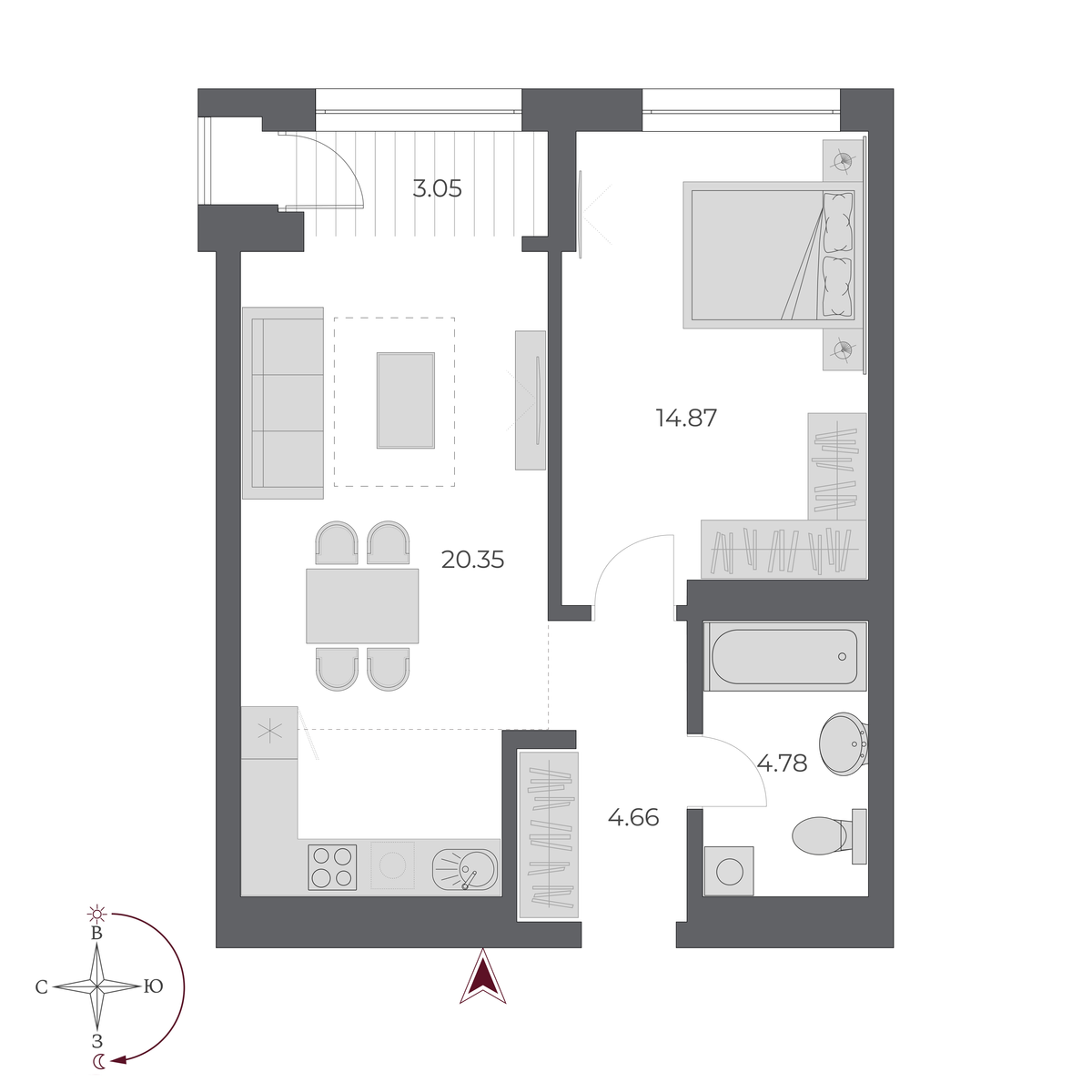 2-комнатная, 48.5 м², № 459 в Оскар