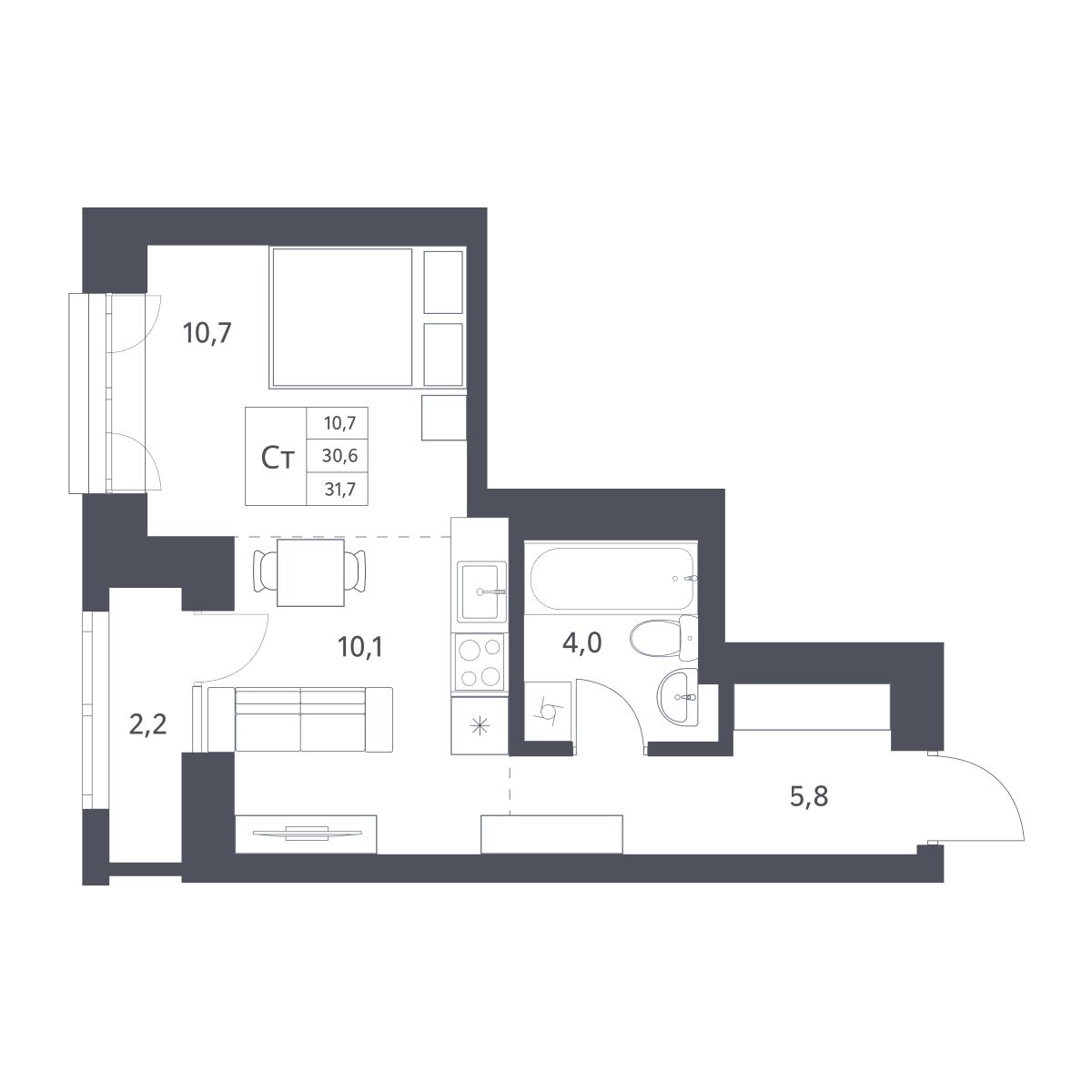 Студия, 30.6 м², № 169 в Новаторы