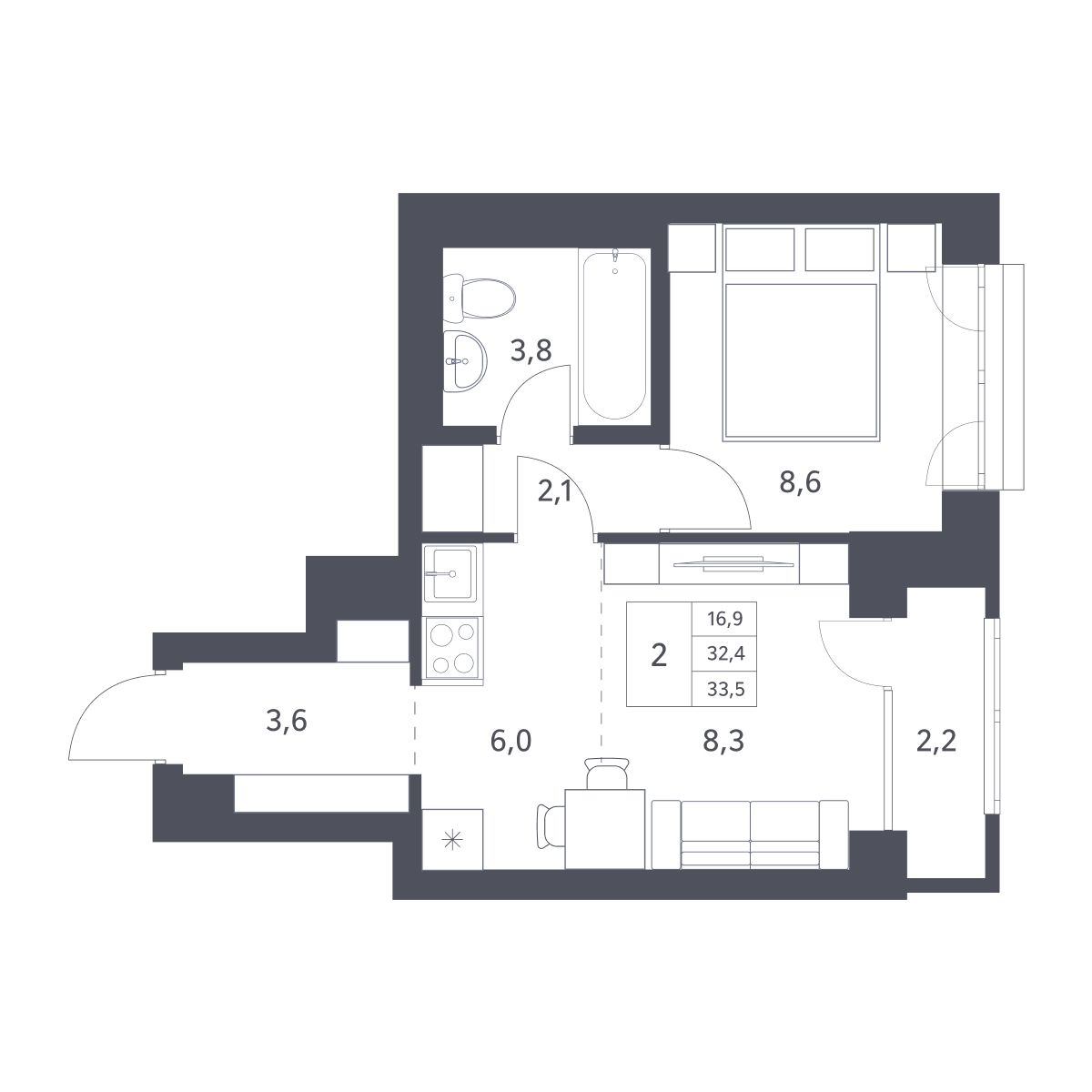 2-комнатная, 32.4 м², № 177 в Новаторы