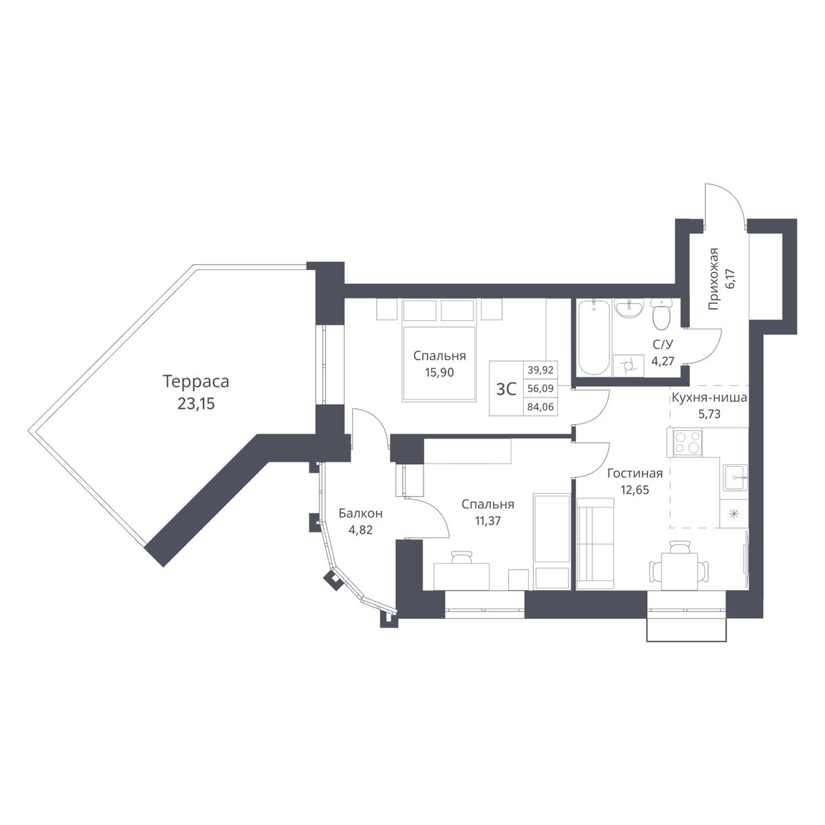 3-комнатная, 56.09 м², № 8 в Фора-миниполис на Фадеева