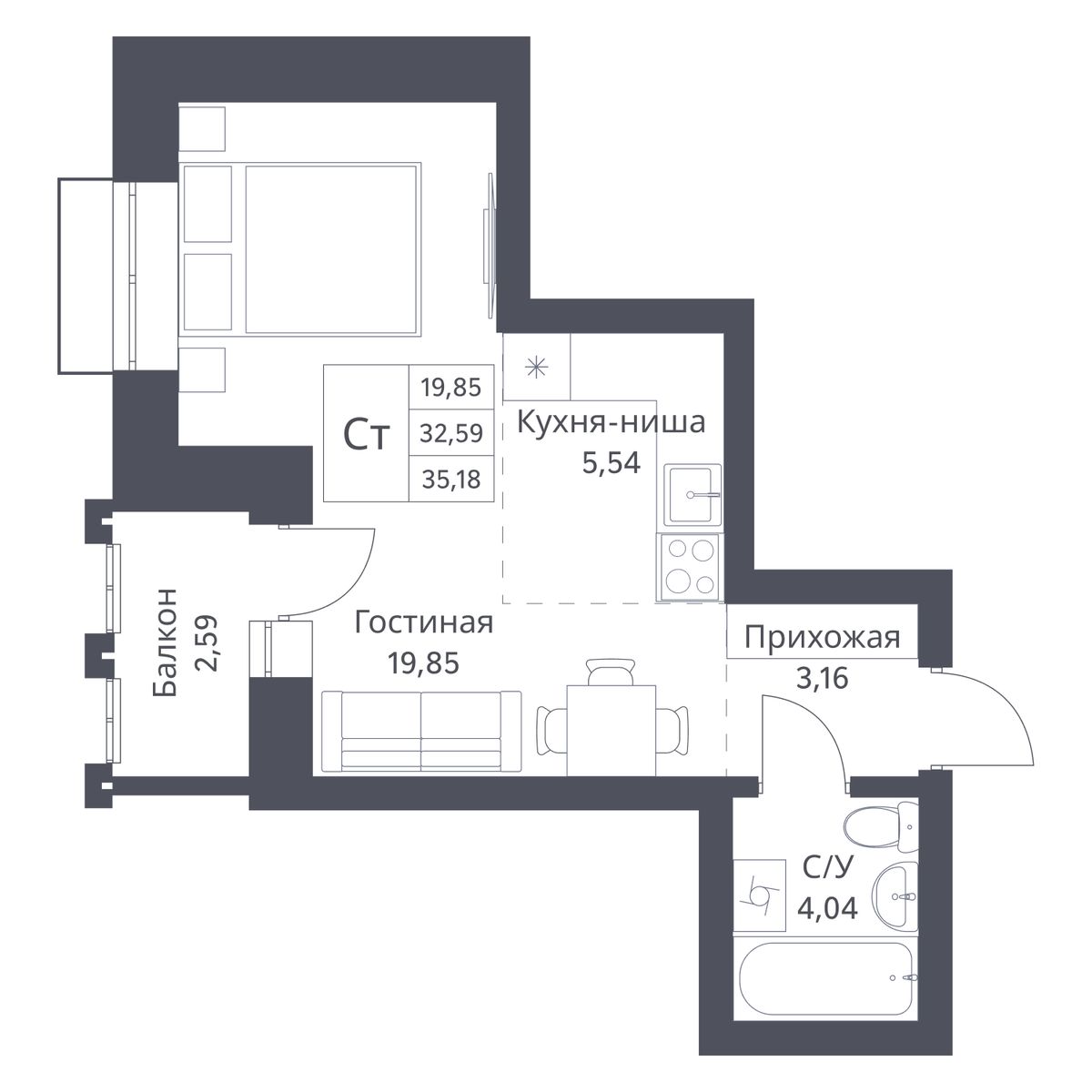 Студия, 32.59 м², № 119 в Фора-миниполис на Фадеева