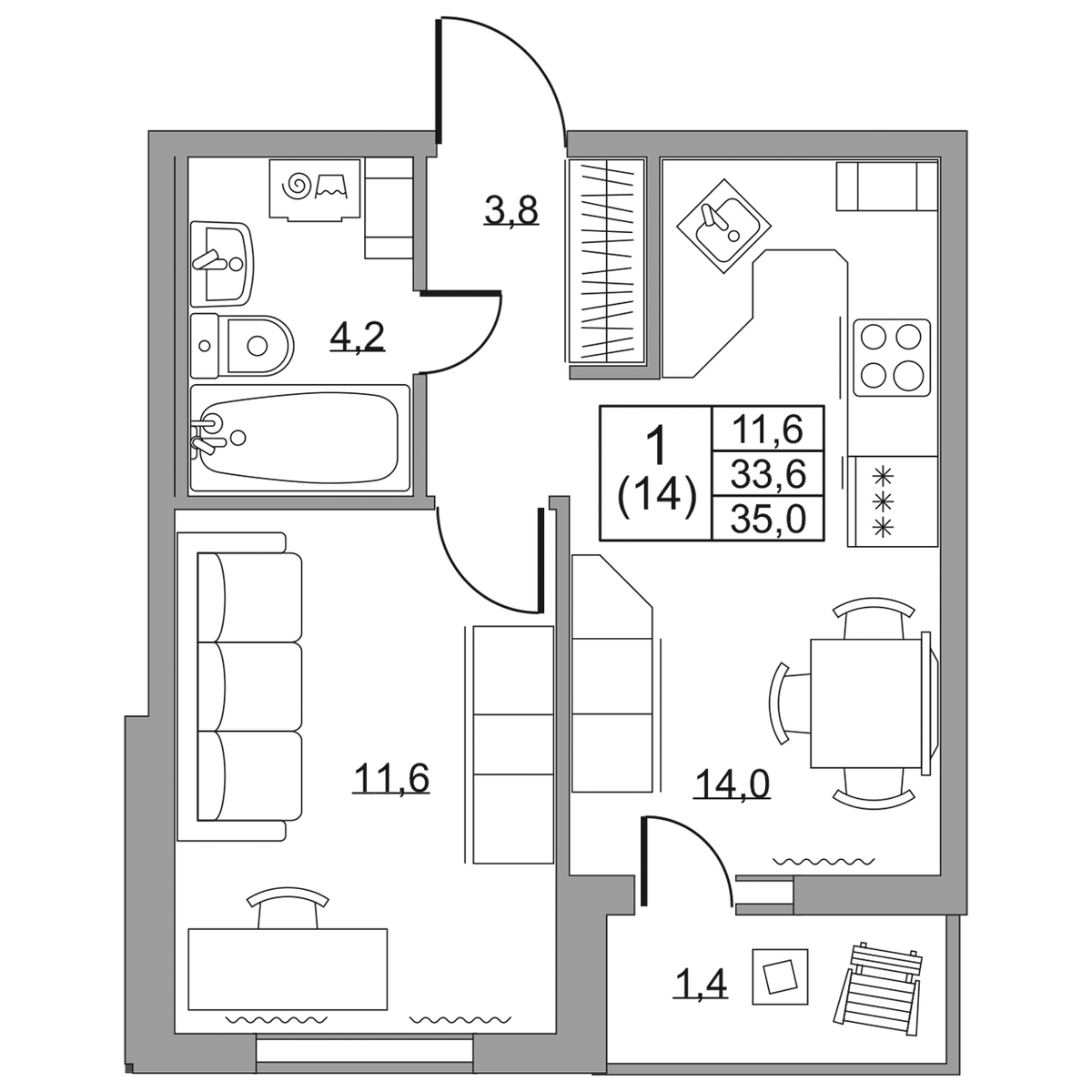 Планировка 1-комн. 3