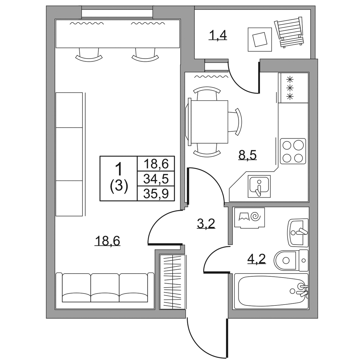 Планировка 1-комн. 3