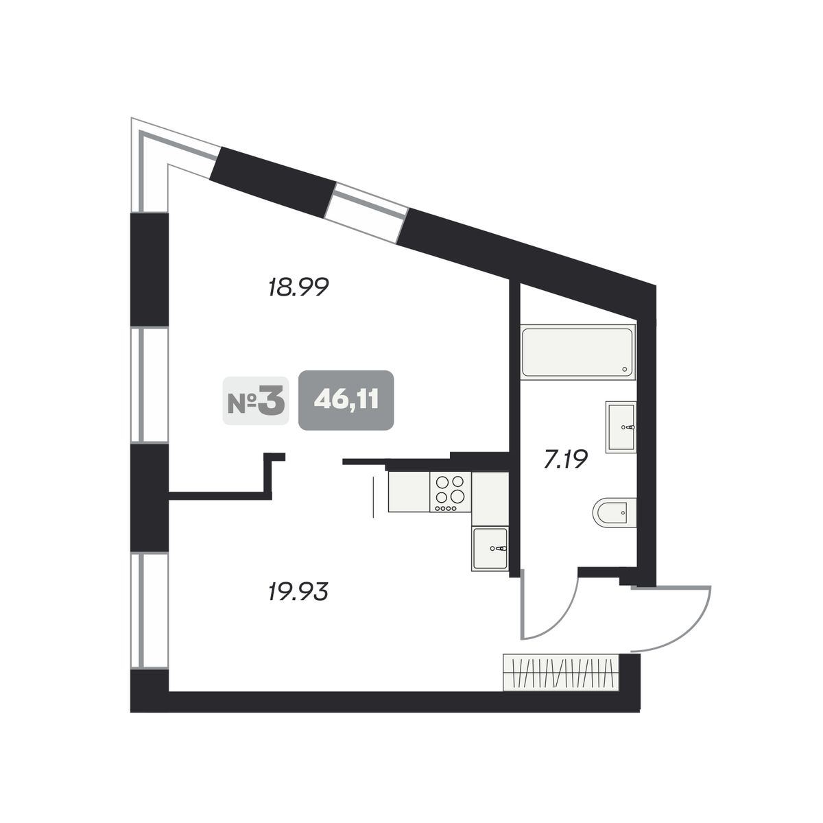 2-комнатная, 46.11 м², № 3 в Аэрон