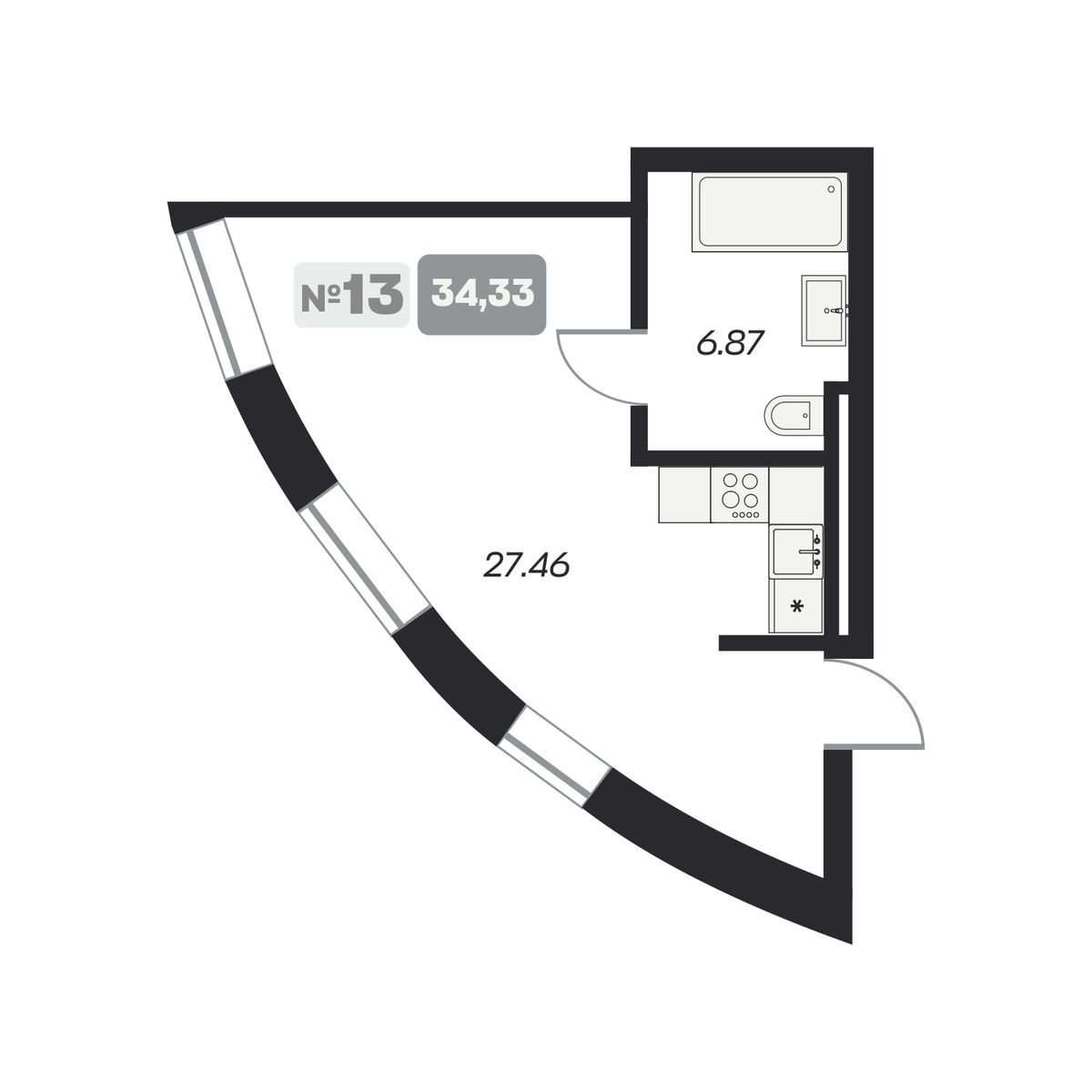 2-комнатная, 34.33 м², № 13 в Аэрон