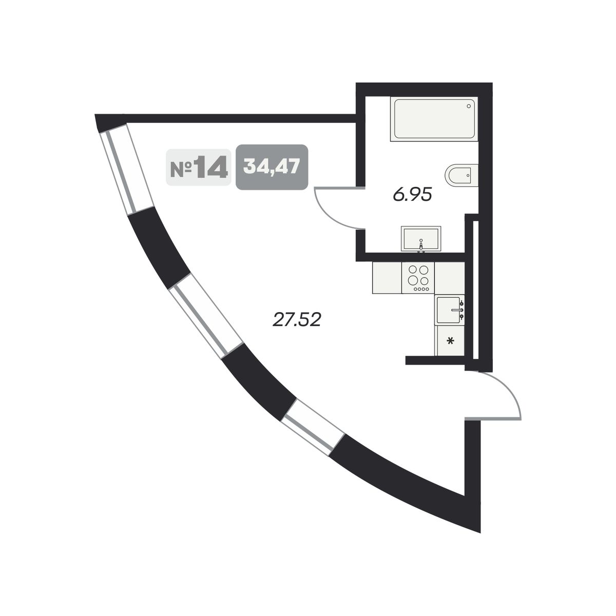 2-комнатная, 34.47 м², № 102 в Аэрон