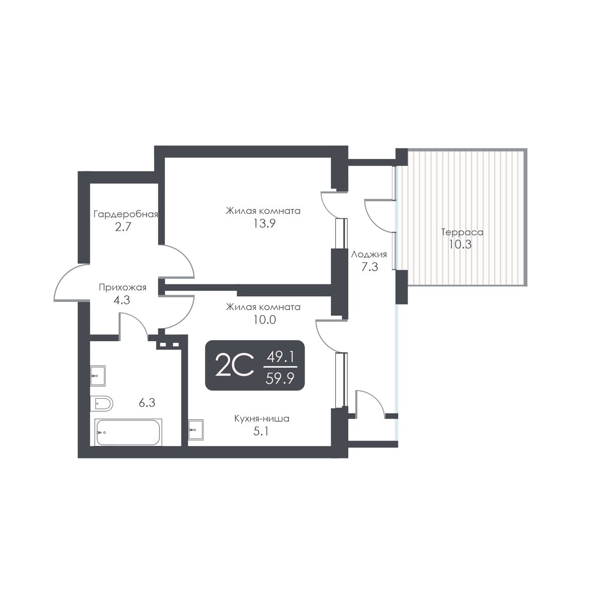 2-комнатная, 42.3 м², № 3 в City Towers (Сити Тауэрс)