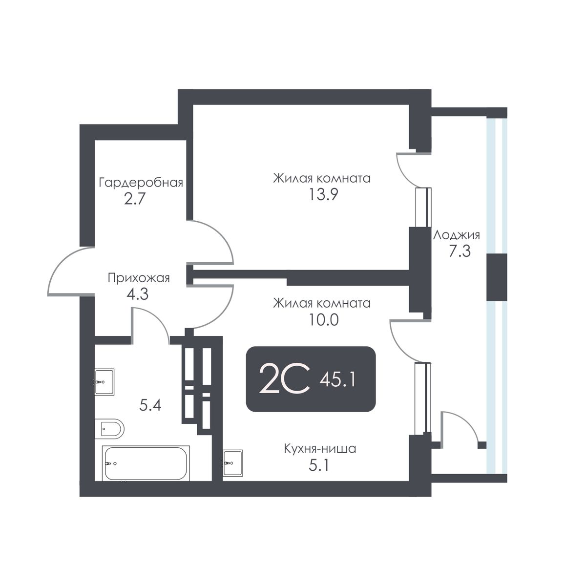 2-комнатная, 41.4 м², № 246 в City Towers (Сити Тауэрс)