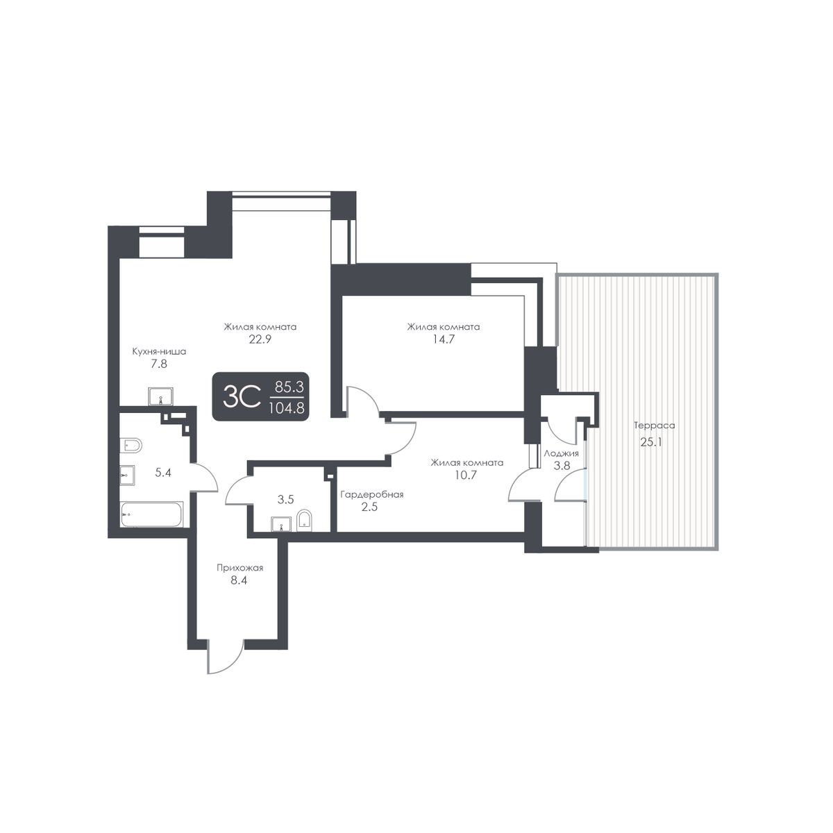 3-комнатная, 75.9 м², № 1 в City Towers (Сити Тауэрс)