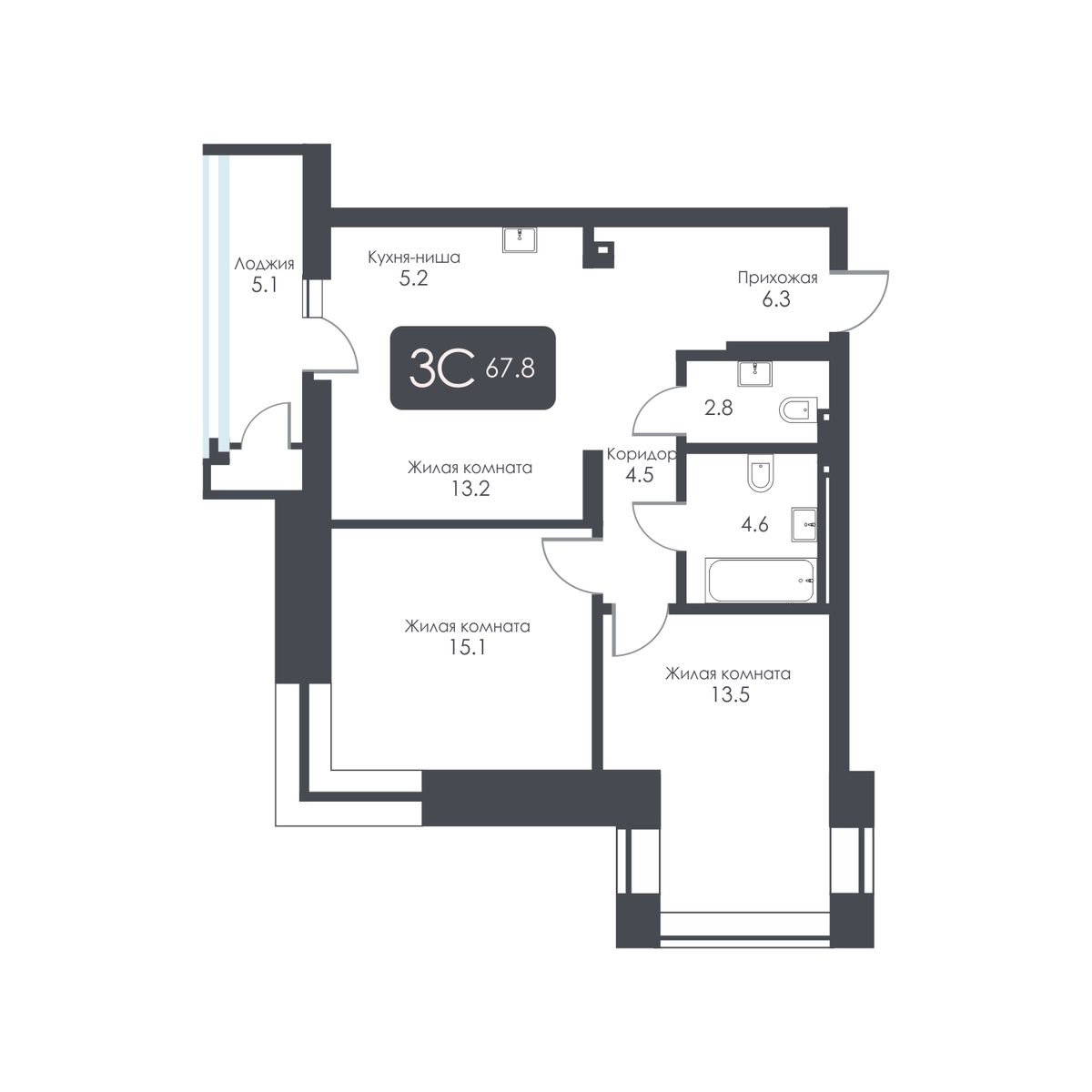 3-комнатная, 65.2 м², № 6 в City Towers (Сити Тауэрс)