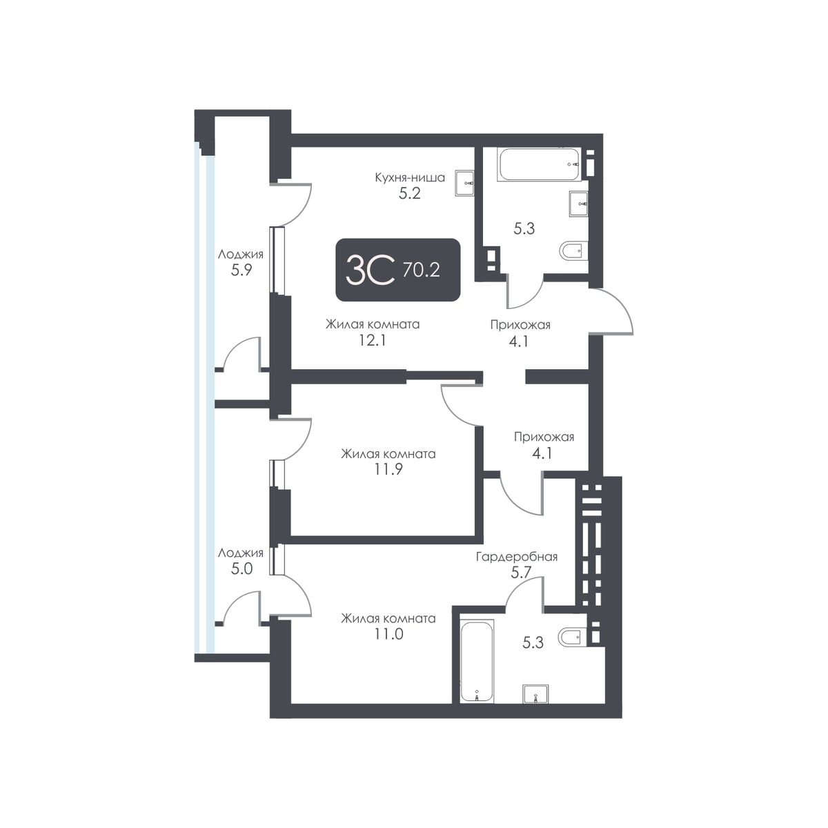 3-комнатная, 64.7 м², № 279 в City Towers (Сити Тауэрс)