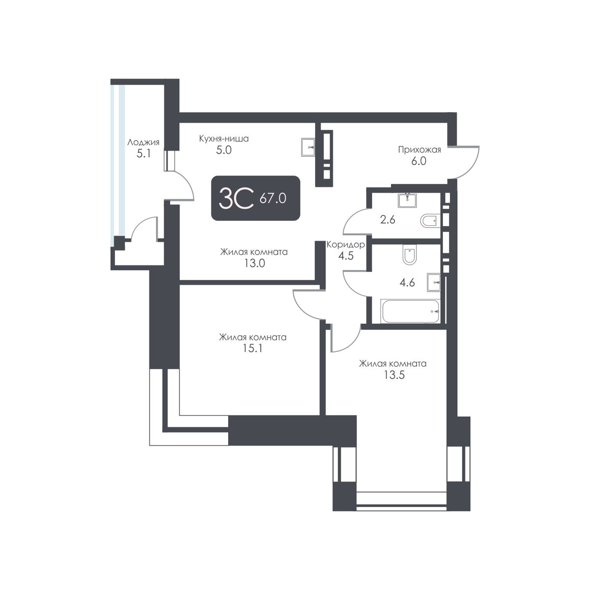 3-комнатная, 64.4 м², № 408 в City Towers (Сити Тауэрс)