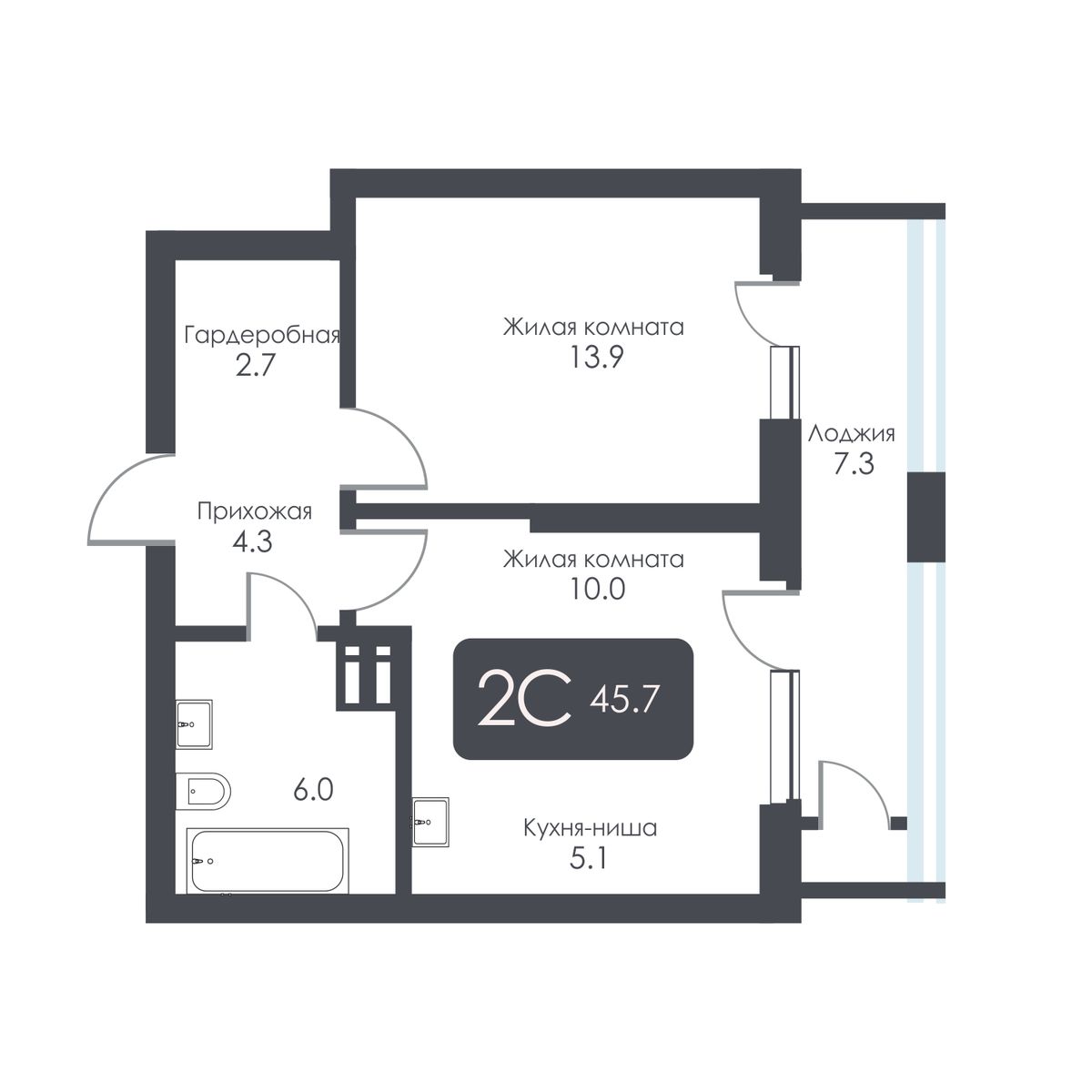 2-комнатная, 42 м², № 333 в City Towers (Сити Тауэрс)