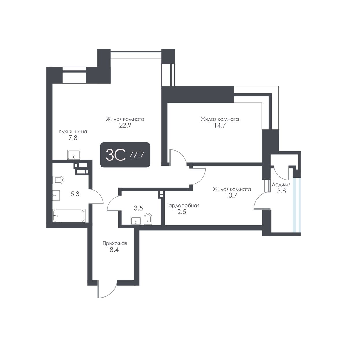 3-комнатная, 75.8 м², № 322 в City Towers (Сити Тауэрс)