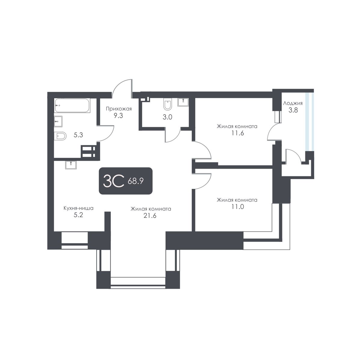 3-комнатная, 67 м², № 325 в City Towers (Сити Тауэрс)