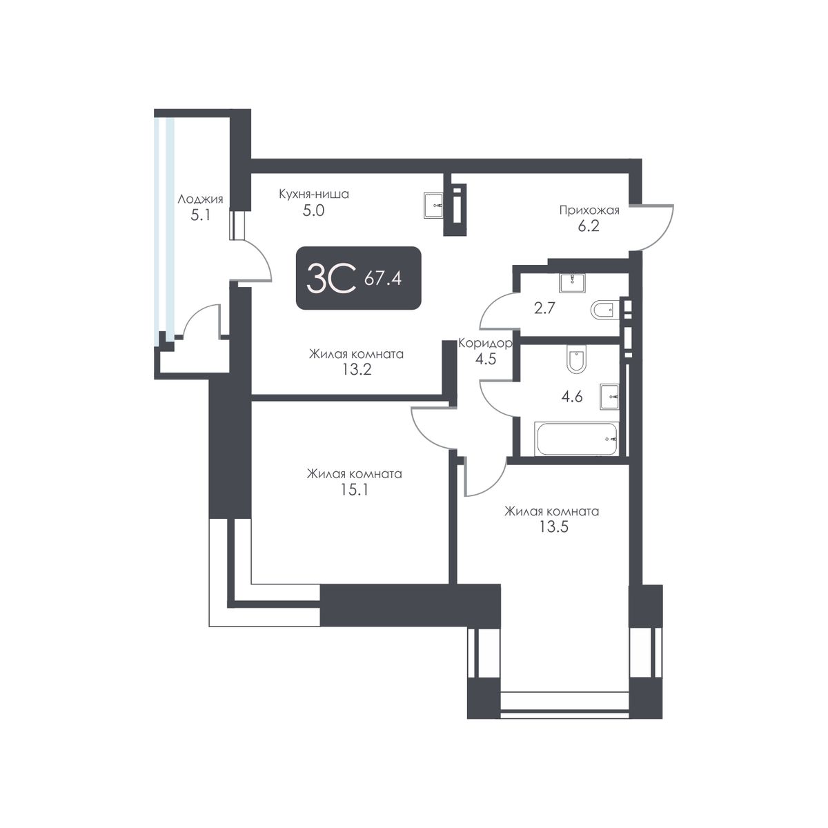 3-комнатная, 64.8 м², № 345 в City Towers (Сити Тауэрс)