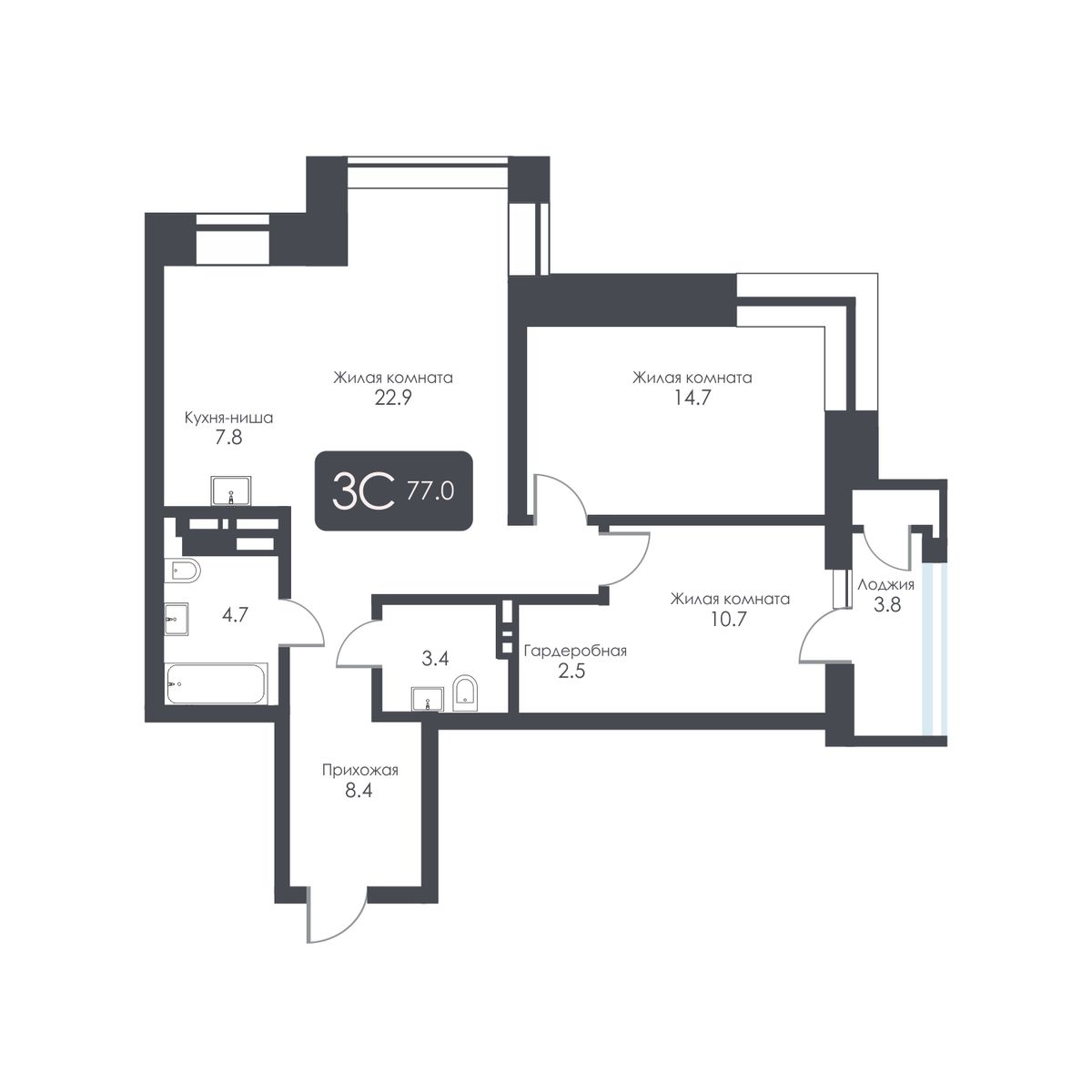 3-комнатная, 75.1 м², № 493 в City Towers (Сити Тауэрс)
