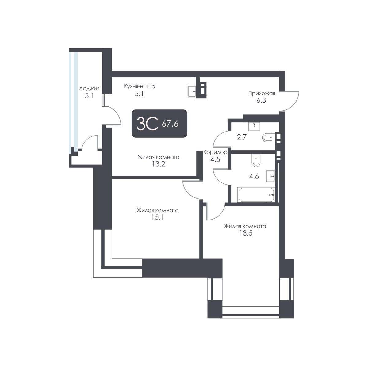 3-комнатная, 65 м², № 294 в City Towers (Сити Тауэрс)