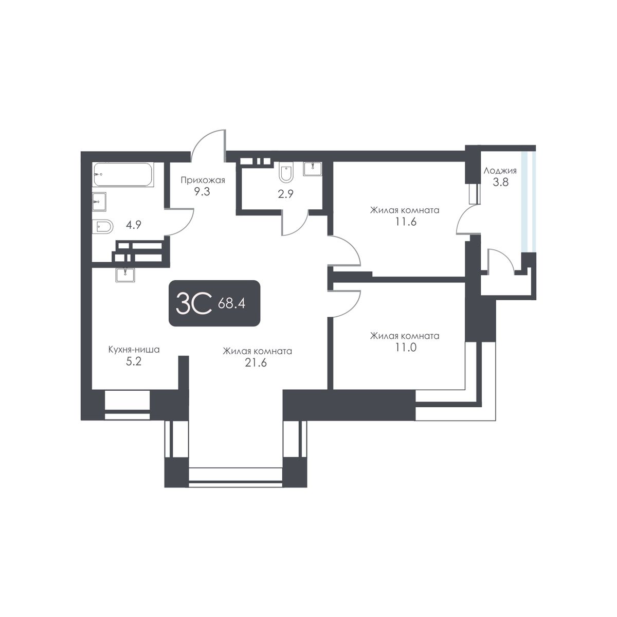 3-комнатная, 66.5 м², № 406 в City Towers (Сити Тауэрс)