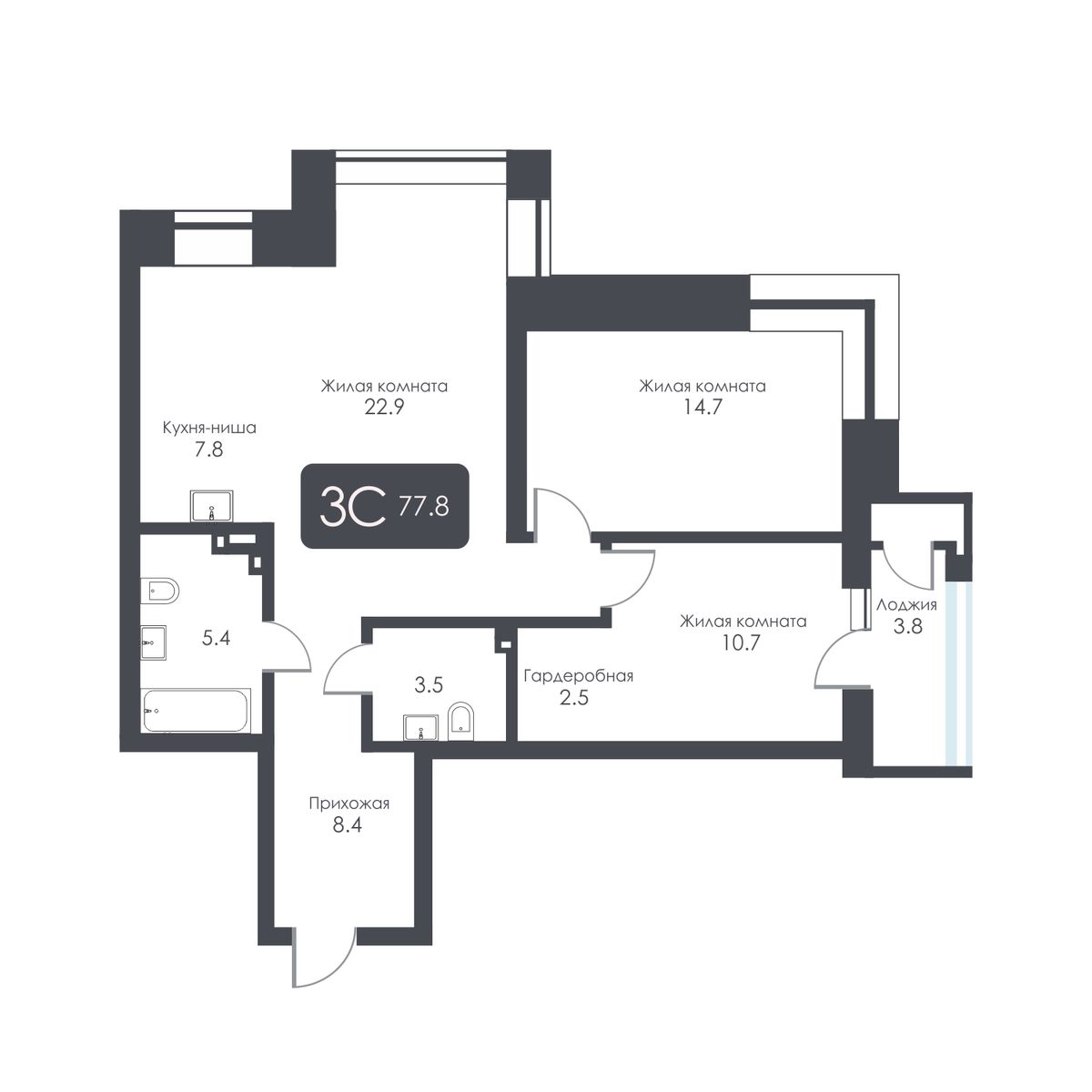 3-комнатная, 75.9 м², № 257 в City Towers (Сити Тауэрс)