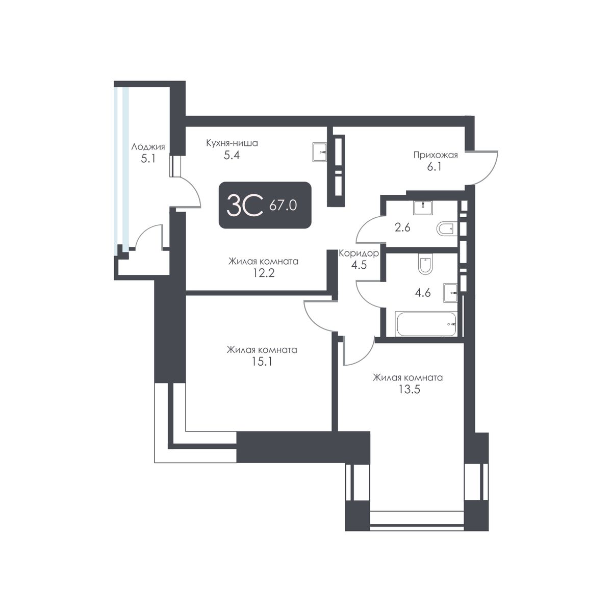 3-комнатная, 64.4 м², № 489 в City Towers (Сити Тауэрс)