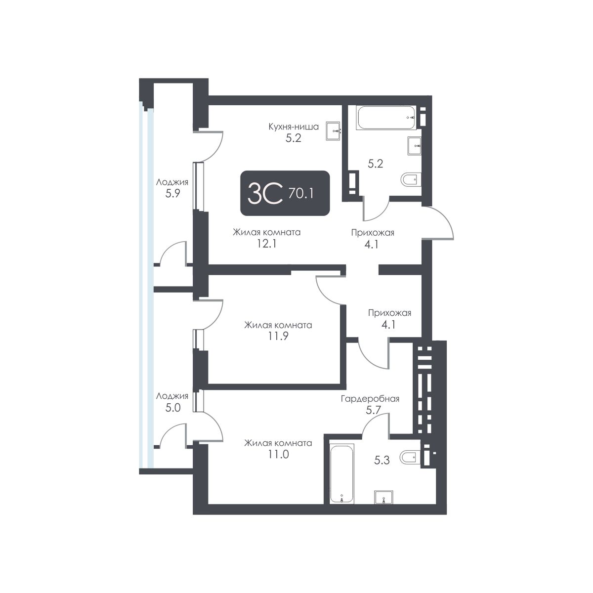 3-комнатная, 64.6 м², № 311 в City Towers (Сити Тауэрс)