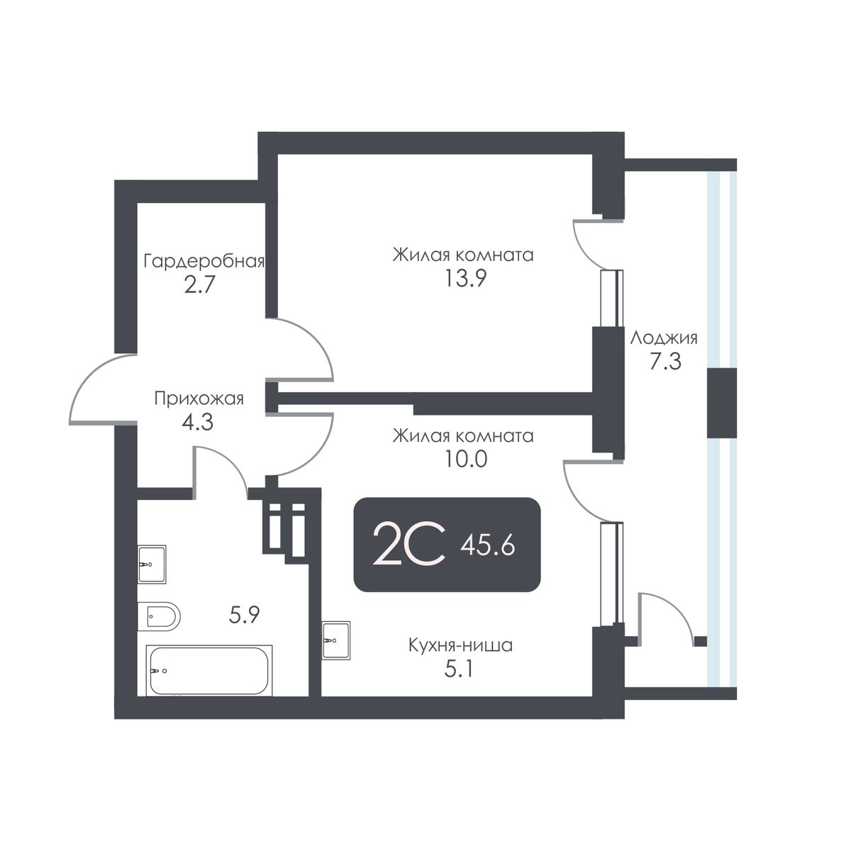 2-комнатная, 41.9 м², № 378 в City Towers (Сити Тауэрс)