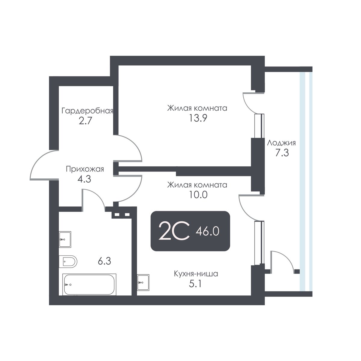 2-комнатная, 42.3 м², № 259 в City Towers (Сити Тауэрс)