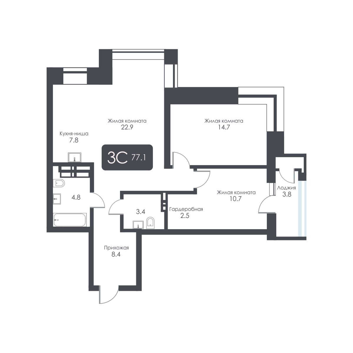 3-комнатная, 75.2 м², № 439 в City Towers (Сити Тауэрс)