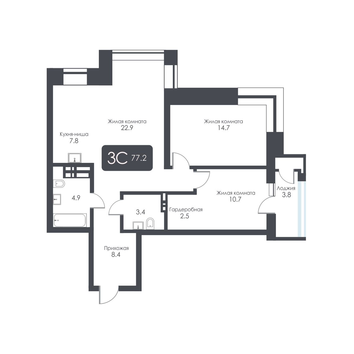 3-комнатная, 75.3 м², № 403 в City Towers (Сити Тауэрс)