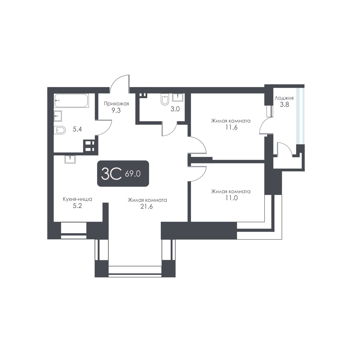 3-комнатная, 67.1 м², № 284 в City Towers (Сити Тауэрс)