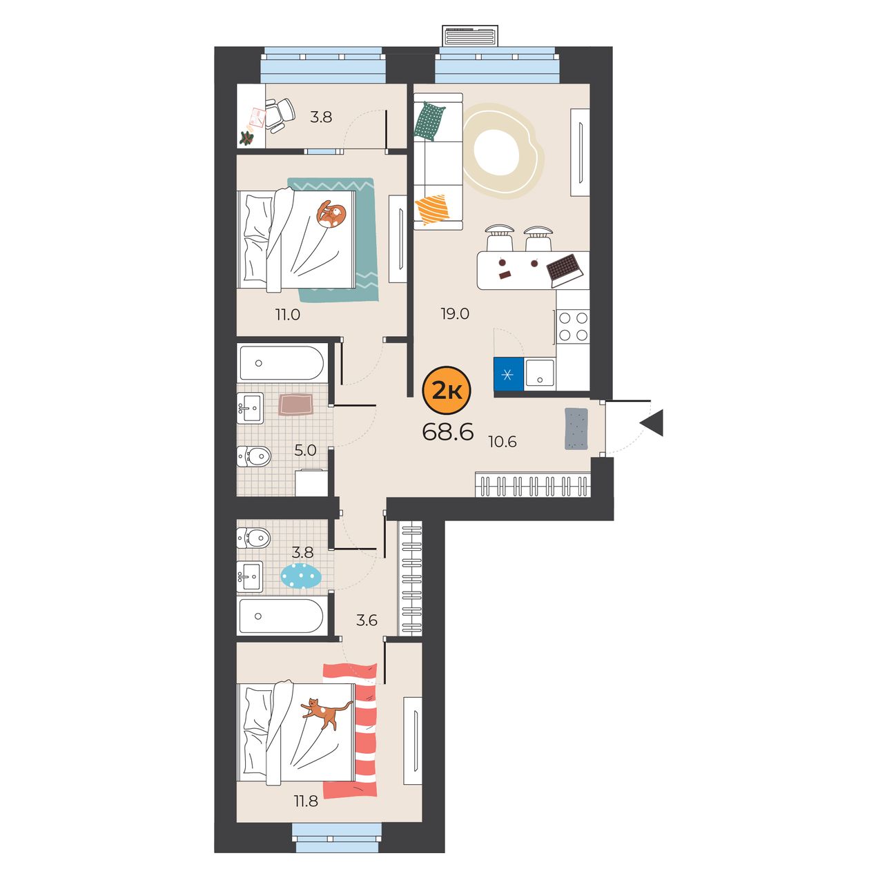 Планировка: Евротрешка 68.6 м² в ЖК Корней, Южный
