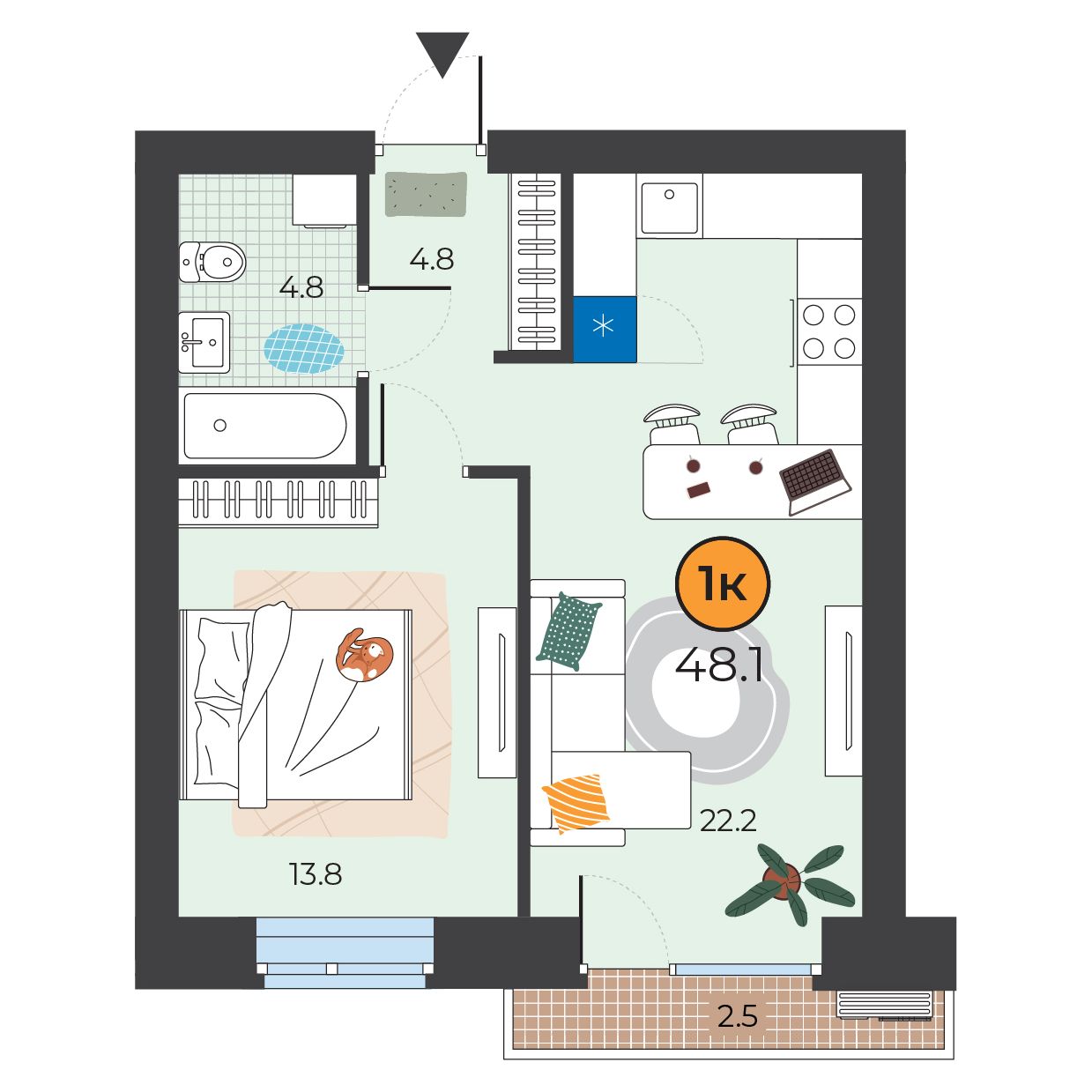 Планировка: Евродвушка 48.1 м² в ЖК Корней, Южный