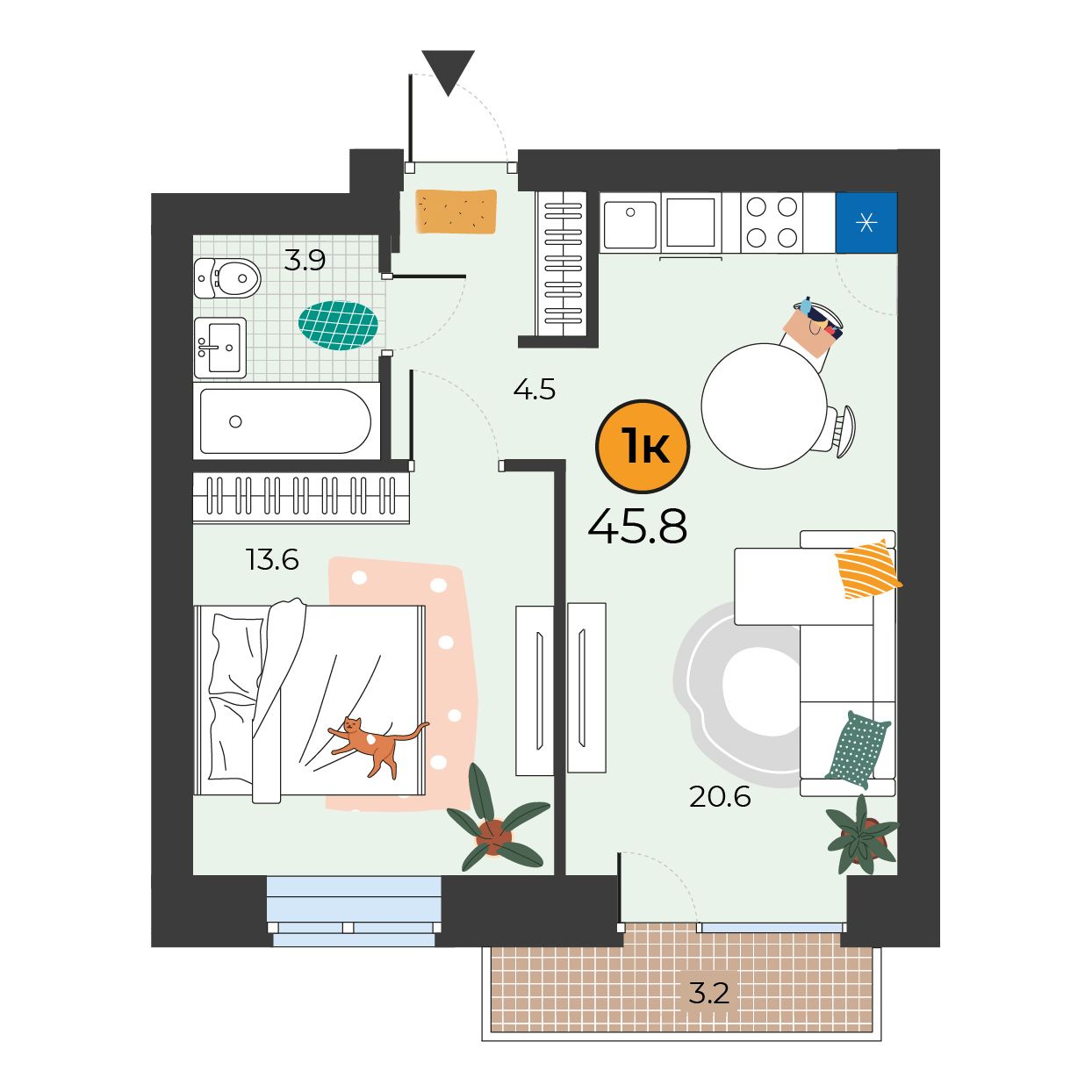 Планировка: Евродвушка 45.8 м² в ЖК Корней, Южный