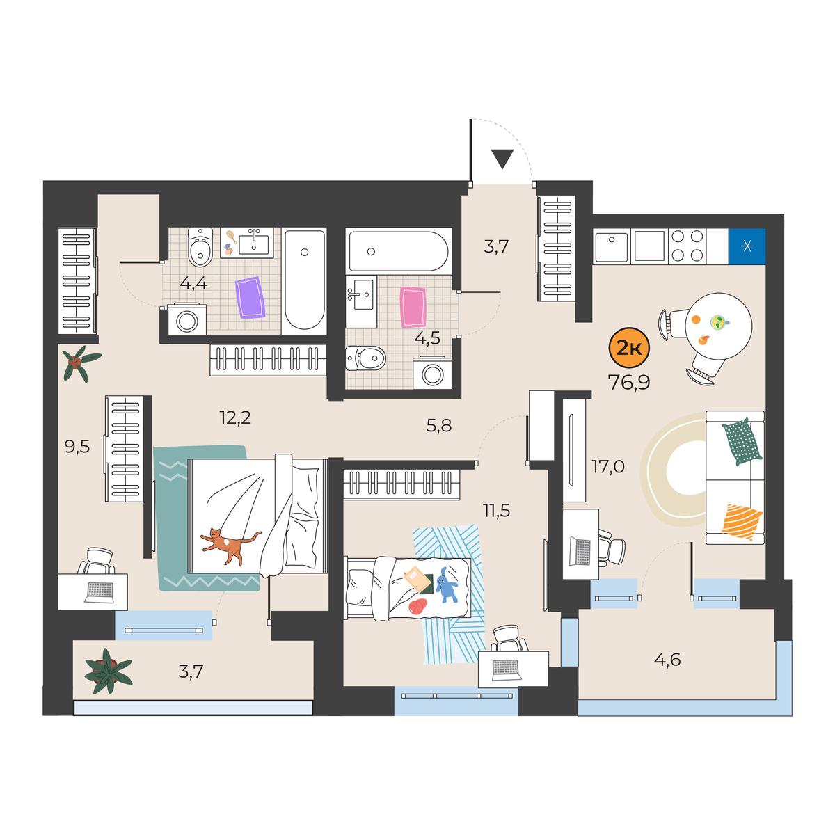 Планировка: Евротрешка 76.9 м² в ЖК Корней, Южный