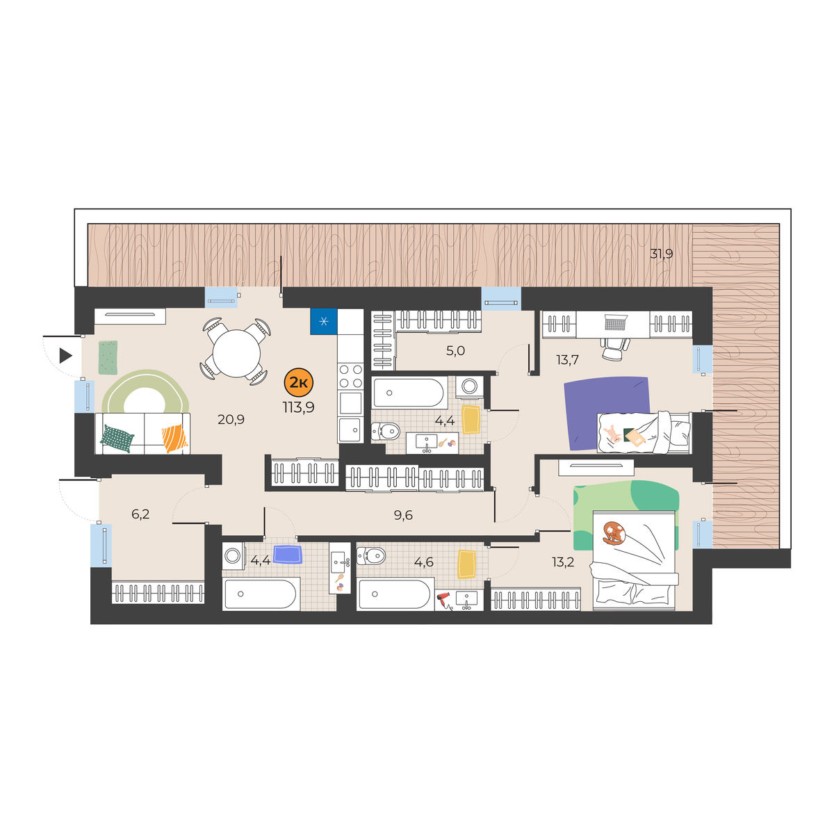Планировка: Евротрешка 122.9 м² в ЖК Корней, Южный