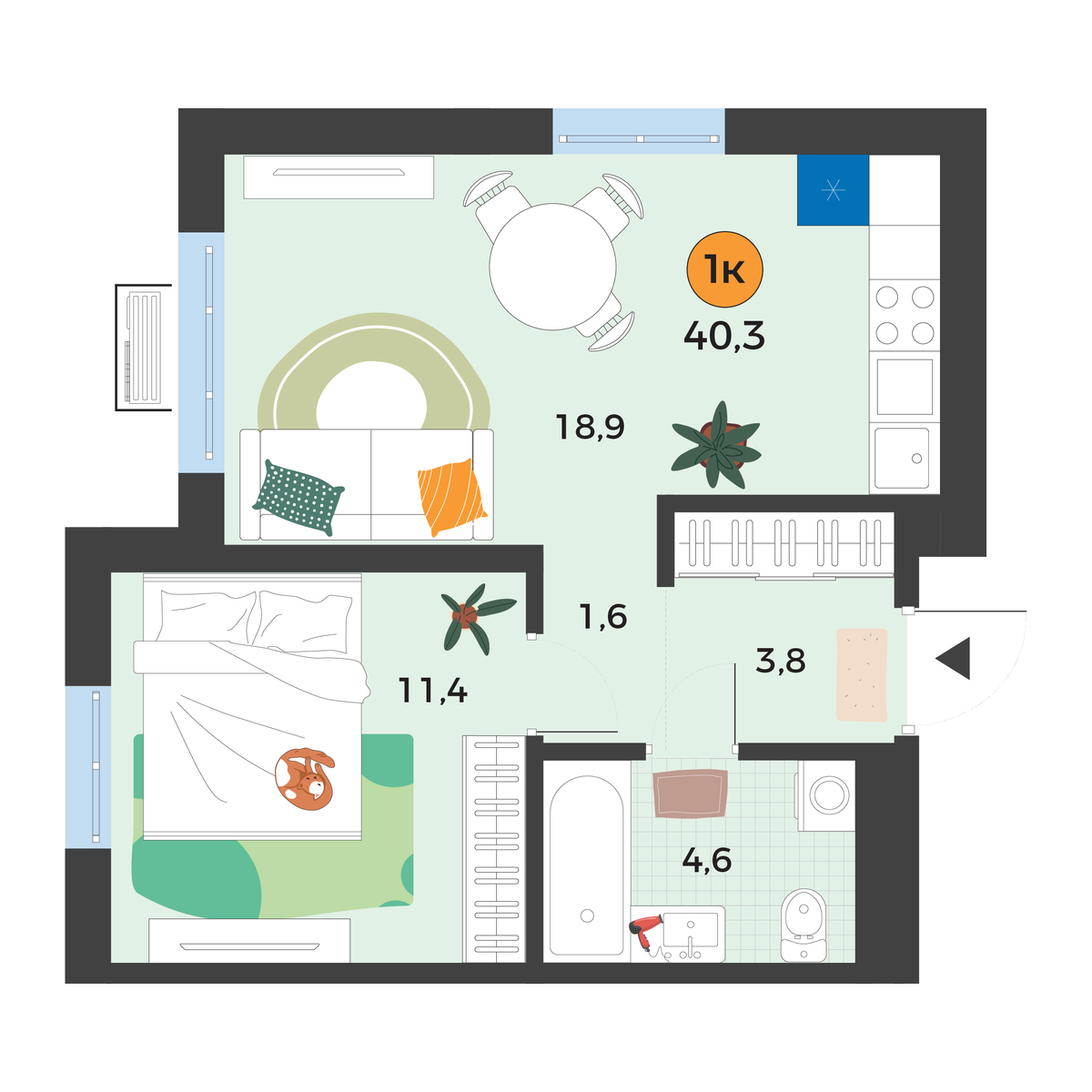 Планировка: Евродвушка 40.3 м² в ЖК Корней, Южный
