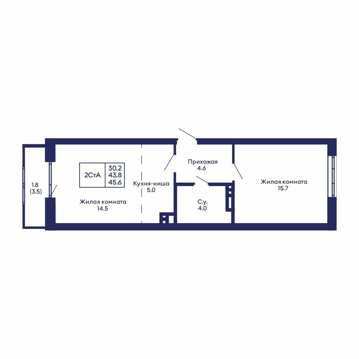2-комнатная, 45.6 м², № 912 в GORIZONT (Горизонт)