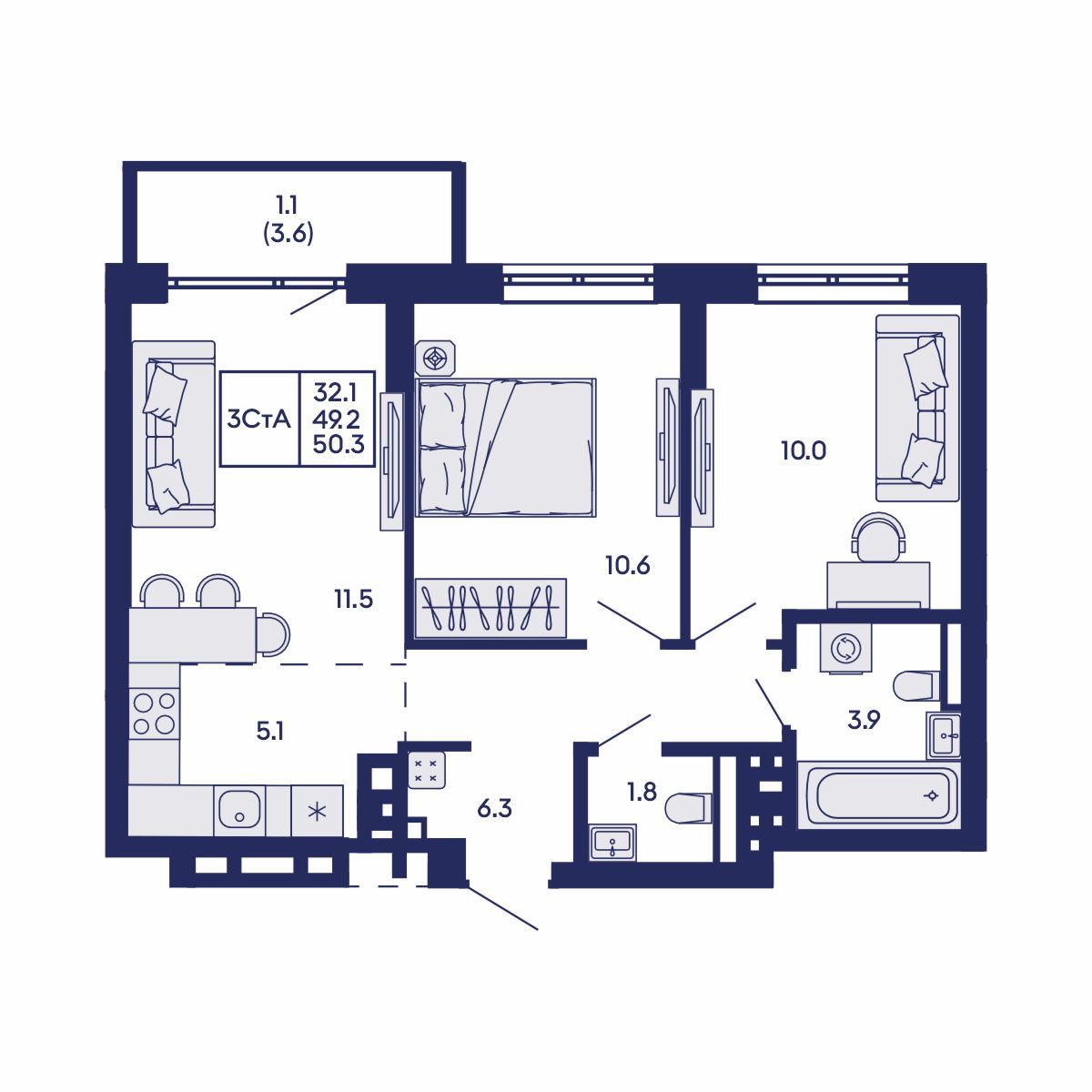 3-комнатная, 50.3 м², № 787 в GORIZONT (Горизонт)