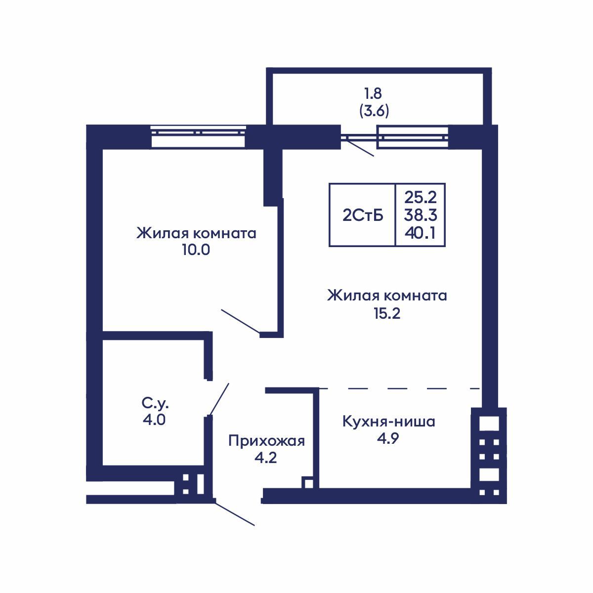 2-комнатная, 40.1 м², № 707 в GORIZONT (Горизонт)