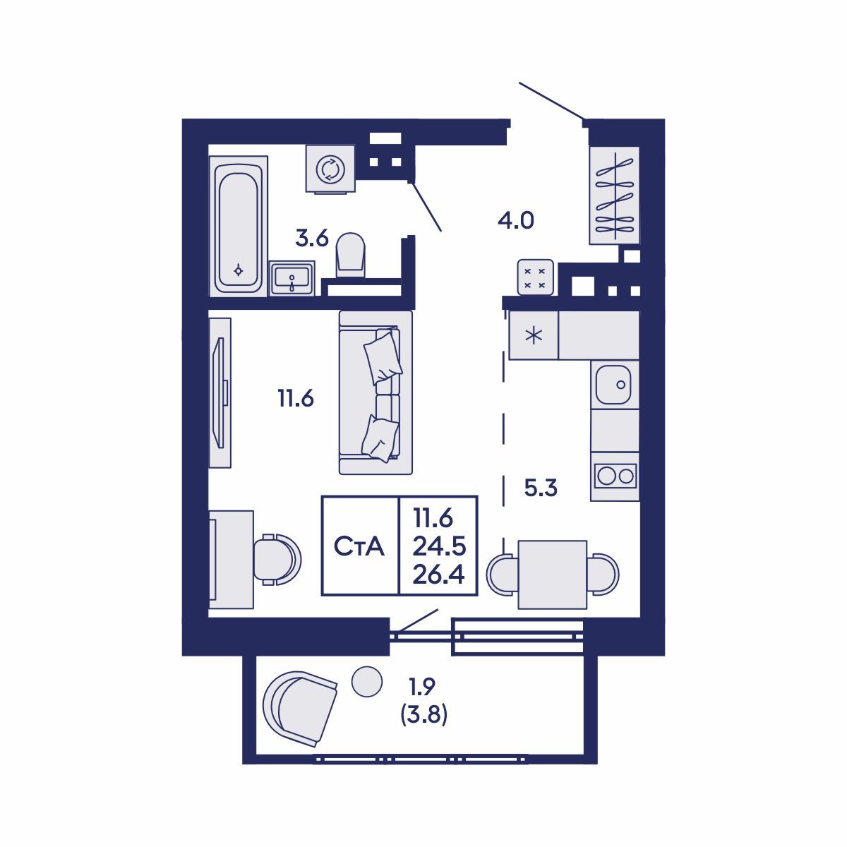Студия, 26.4 м², № 704 в GORIZONT (Горизонт)