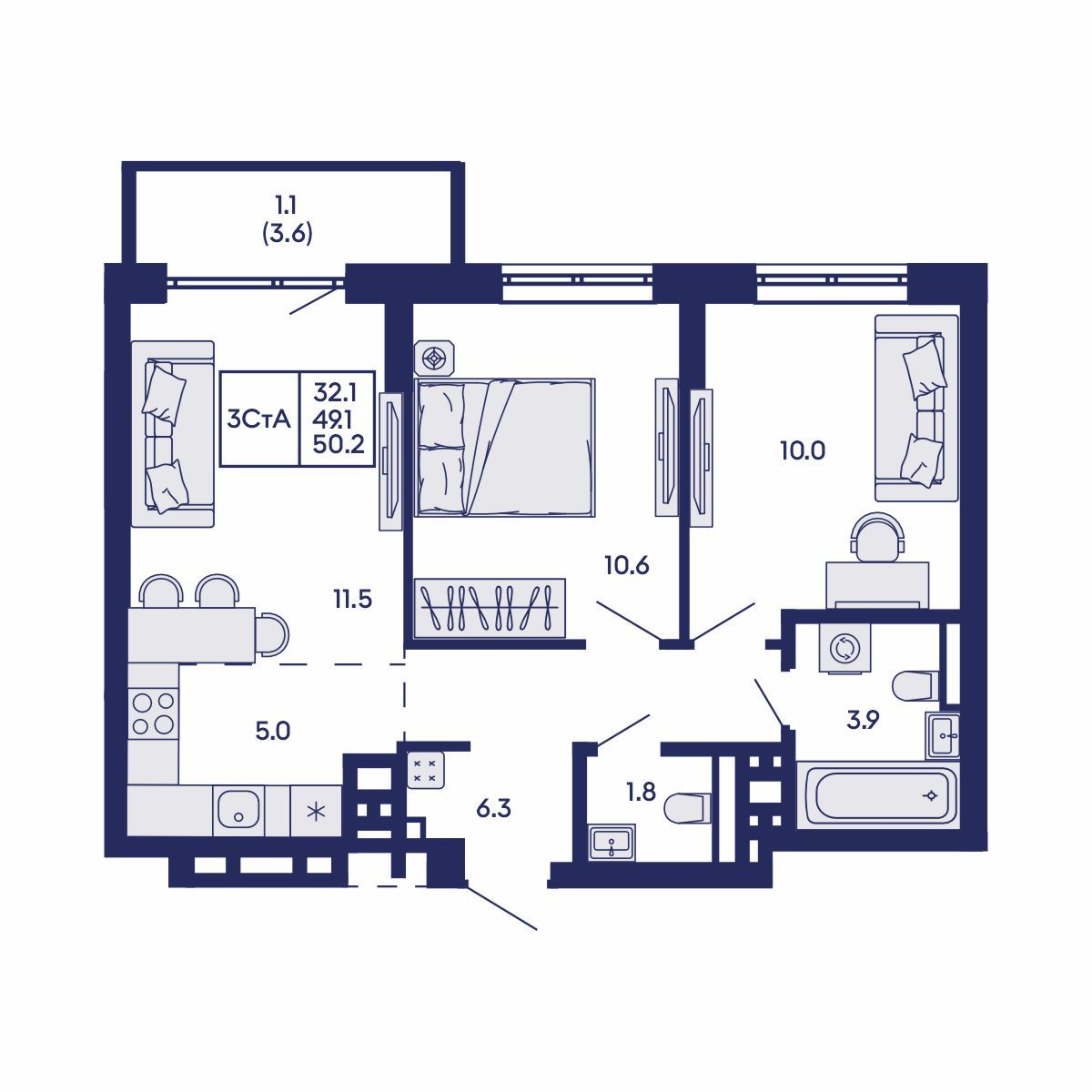 3-комнатная, 50.2 м², № 832 в GORIZONT (Горизонт)