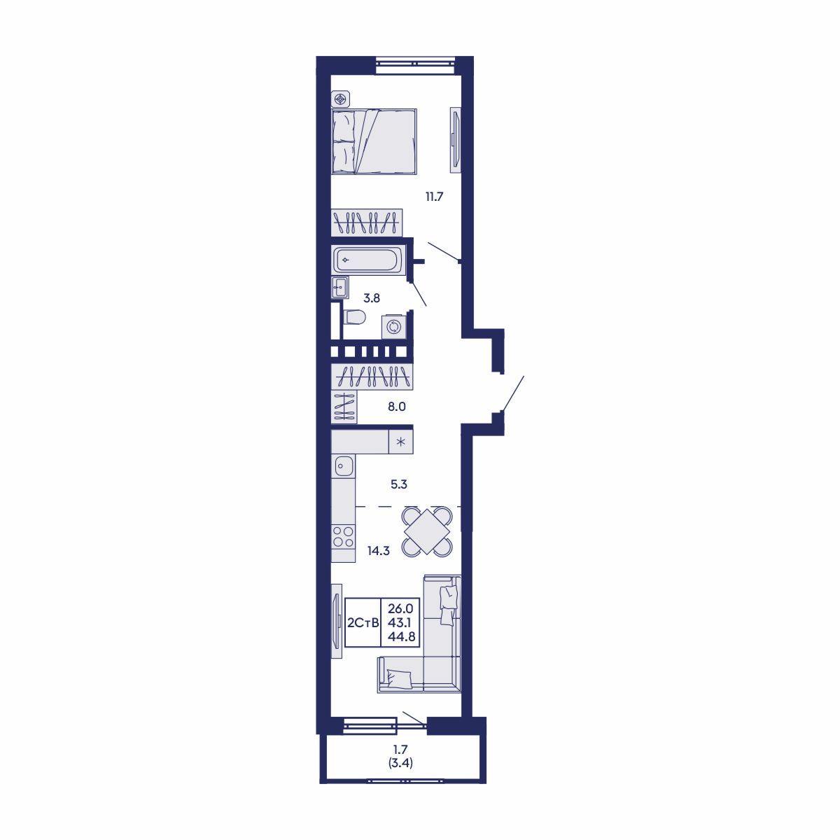 2-комнатная, 44.8 м², № 804 в GORIZONT (Горизонт)