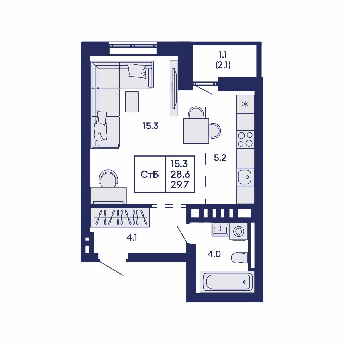 Студия, 29.7 м², № 688 в GORIZONT (Горизонт)